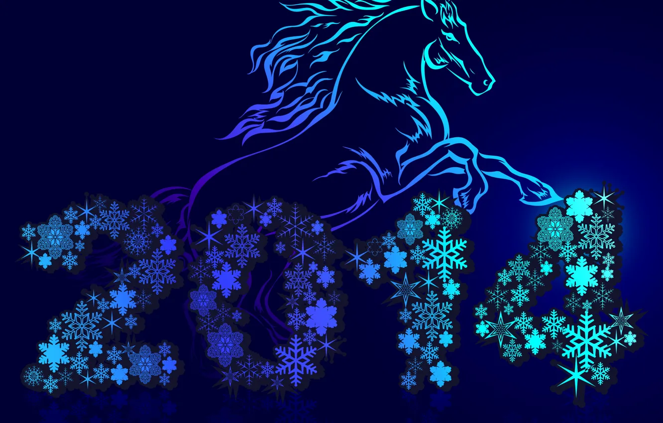 Photo wallpaper snowflakes, holiday, horse, New year, blue background, 2014