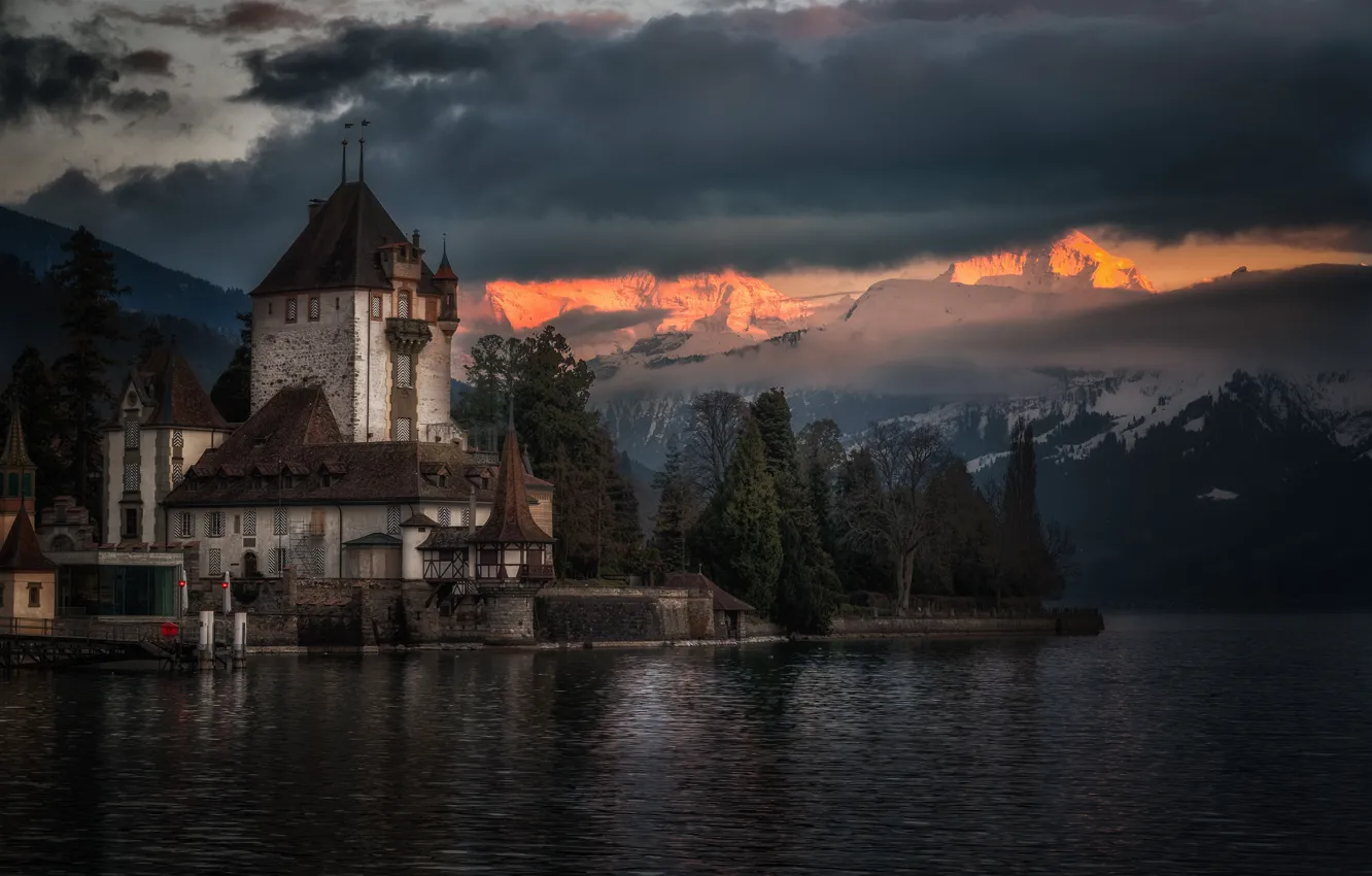 Photo wallpaper mountains, lake, castle, the evening, Switzerland, Alps, Switzerland, Alps