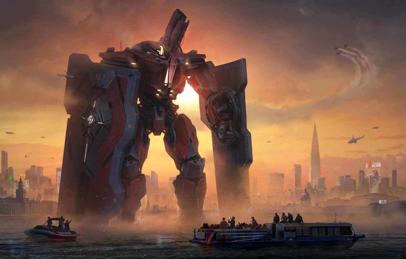 Photo wallpaper sunset, the city, river, boat, robot, art, boat, shield