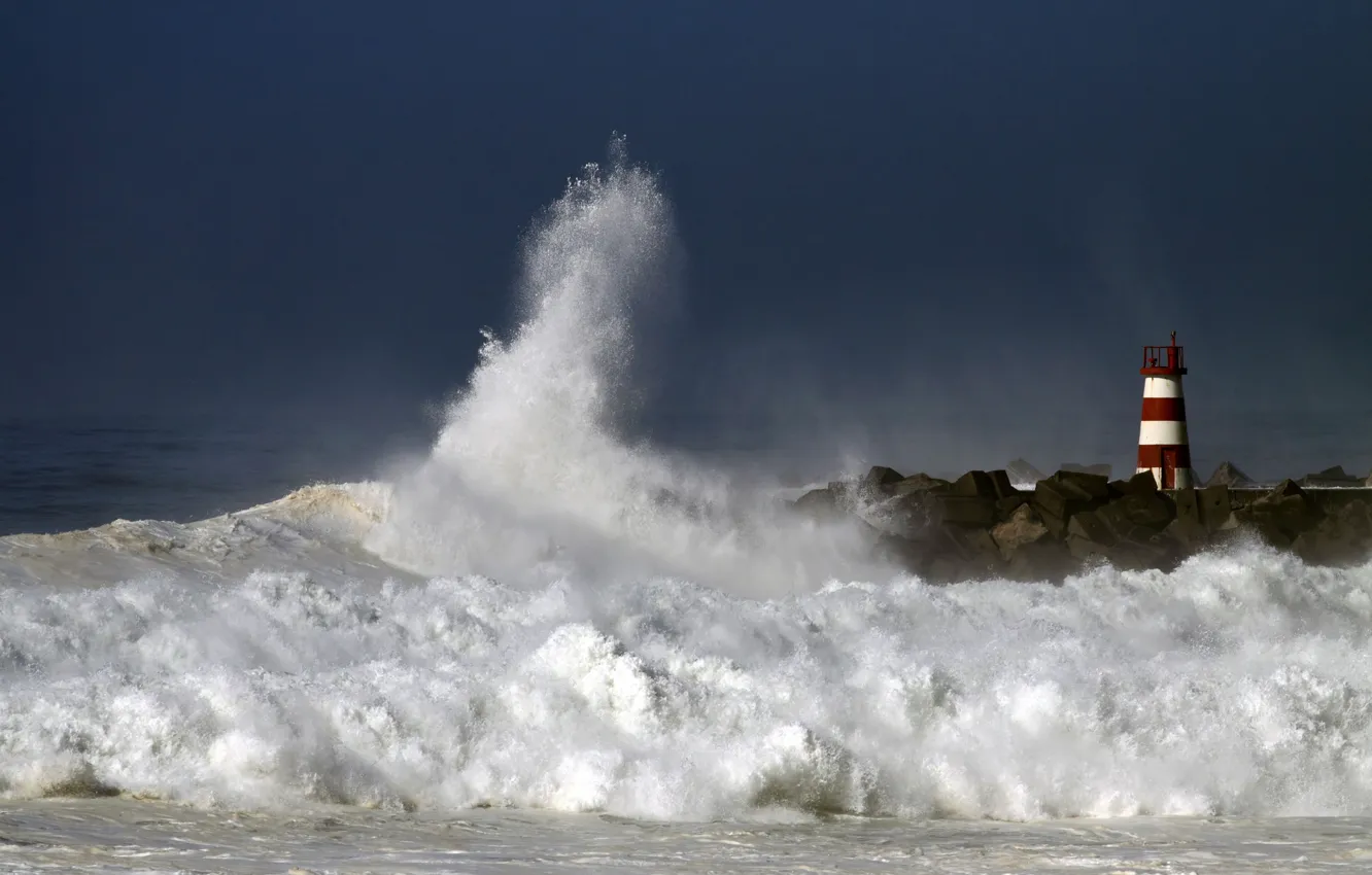 Photo wallpaper wave, water, clouds, storm, shore, lighthouse