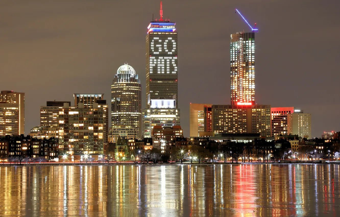 Photo wallpaper trees, lights, river, building, home, skyscrapers, the evening, lights
