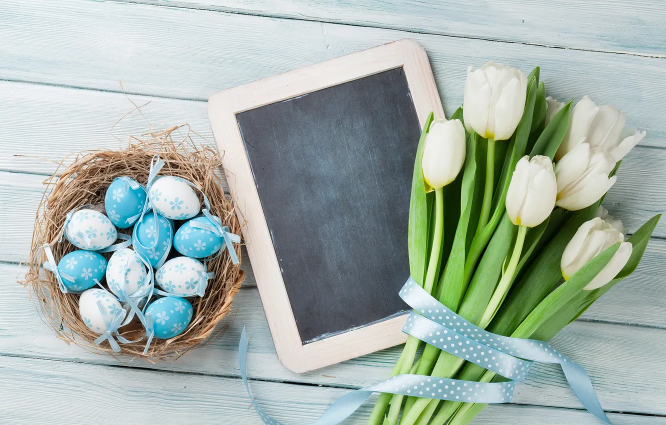 Photo wallpaper flowers, Board, eggs, spring, colorful, Easter, tulips, white