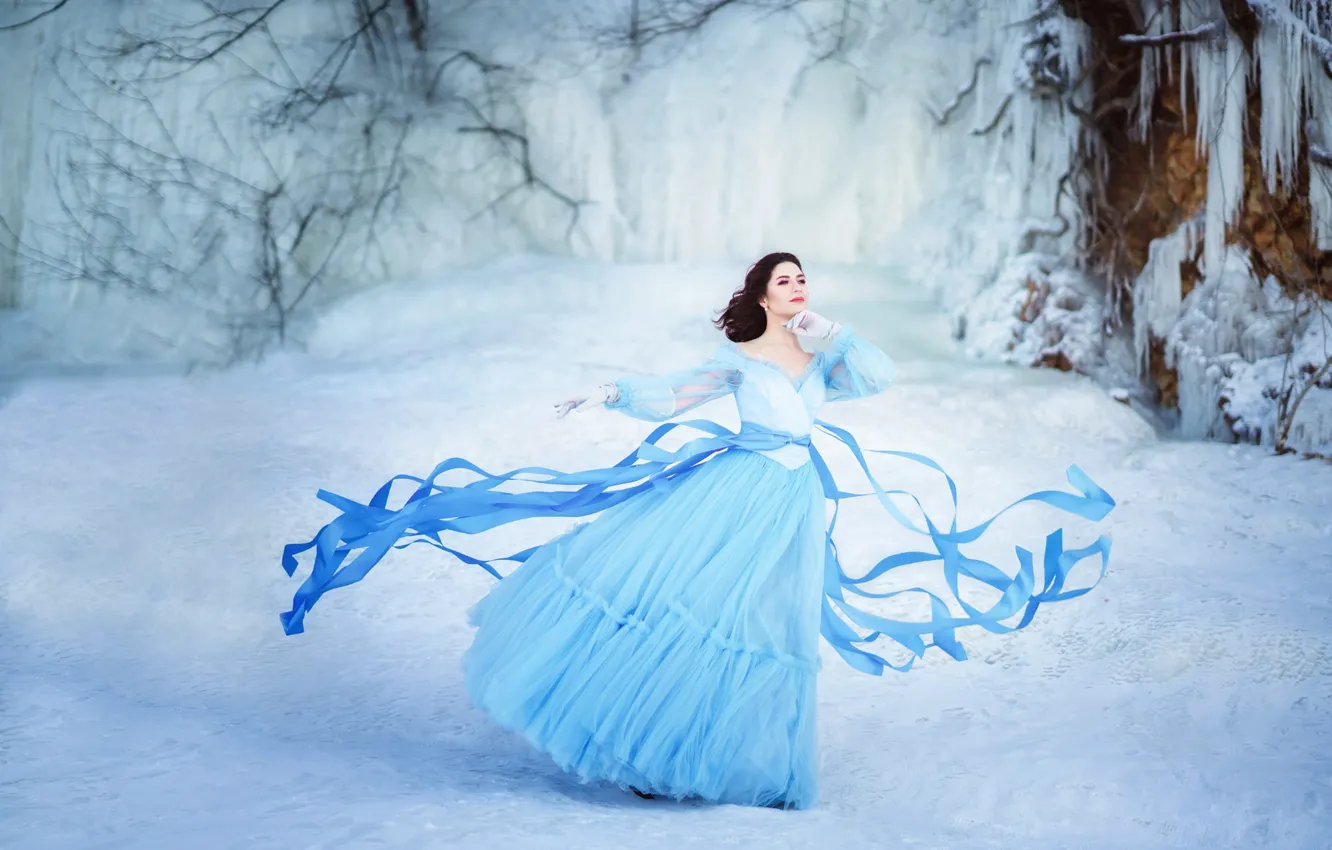 Photo wallpaper winter, forest, look, girl, snow, branches, pose, shore