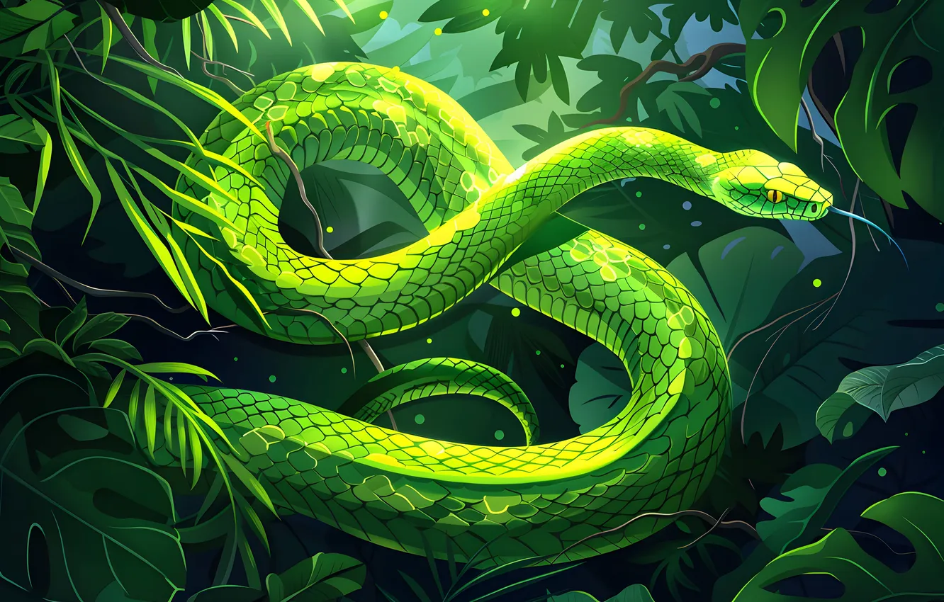 Photo wallpaper leaves, animal, snake, jungle, art, reptile, digital art, imitation painting
