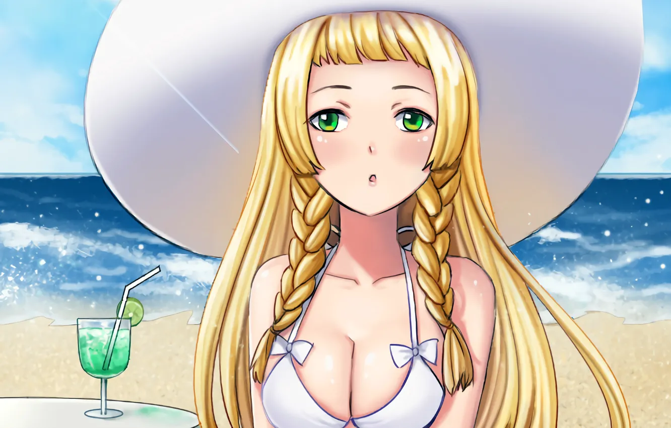 Photo wallpaper girl, sexy, cleavage, beach, green eyes, long hair, sea, boobs