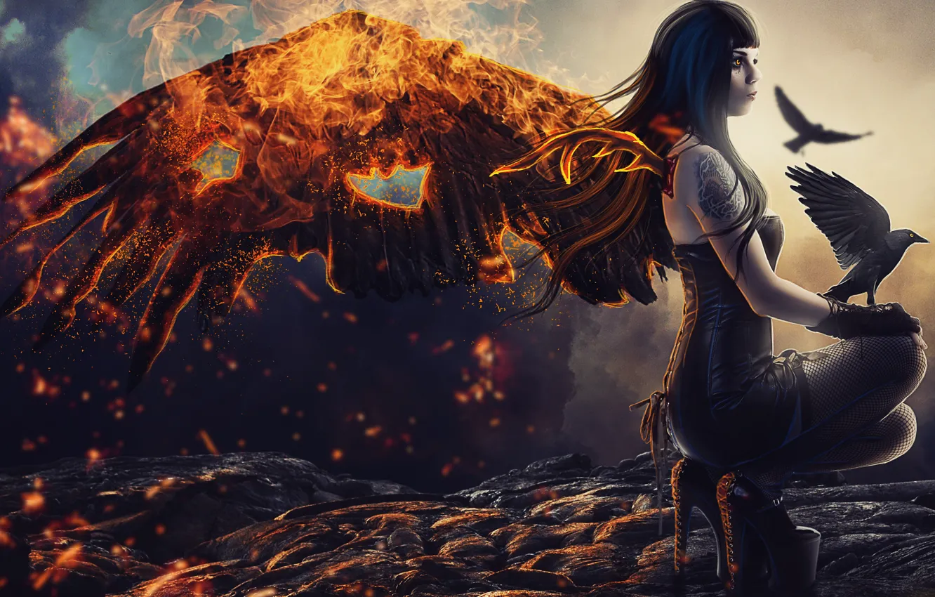 Photo wallpaper girl, lights, wings, tattoo, art, lava, profile, Raven