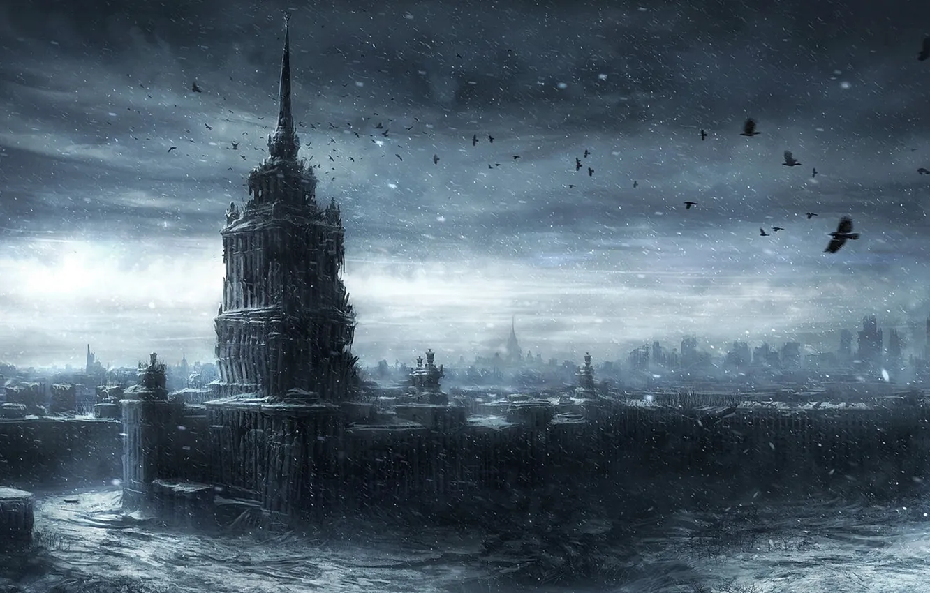 Photo wallpaper winter, snow, the city, bird, building, art, Moscow, crows