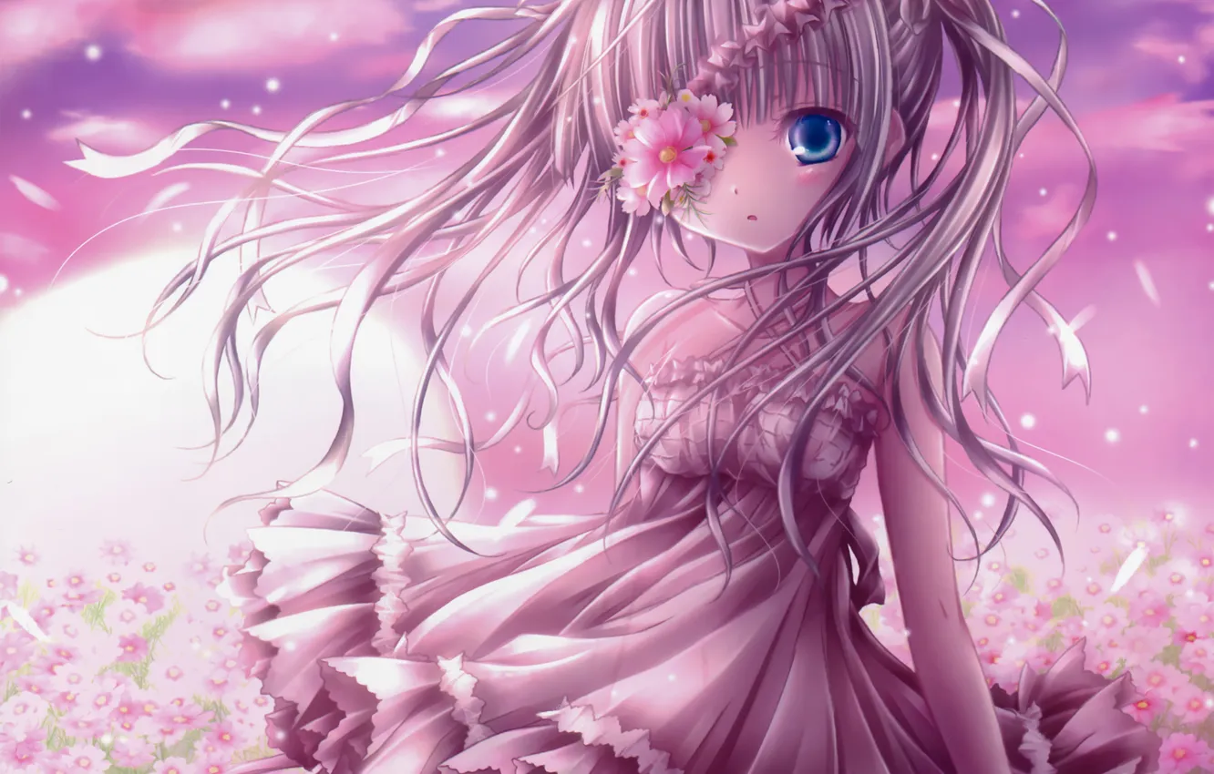 Photo wallpaper flowers, the wind, dress, art, girl, ponytail, mubi alice