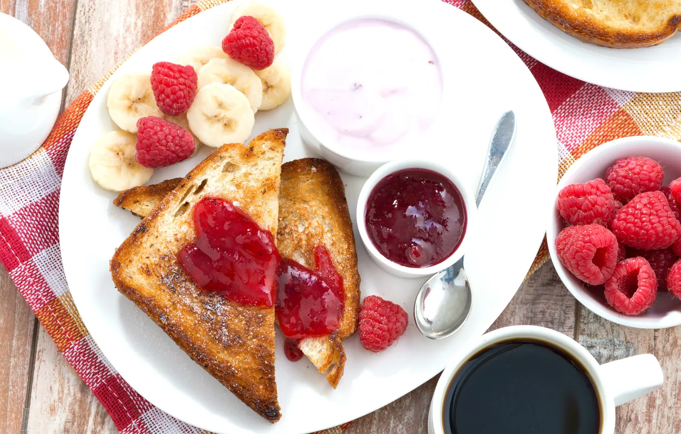 Photo wallpaper berries, raspberry, coffee, banana, jam, toast, yogurt