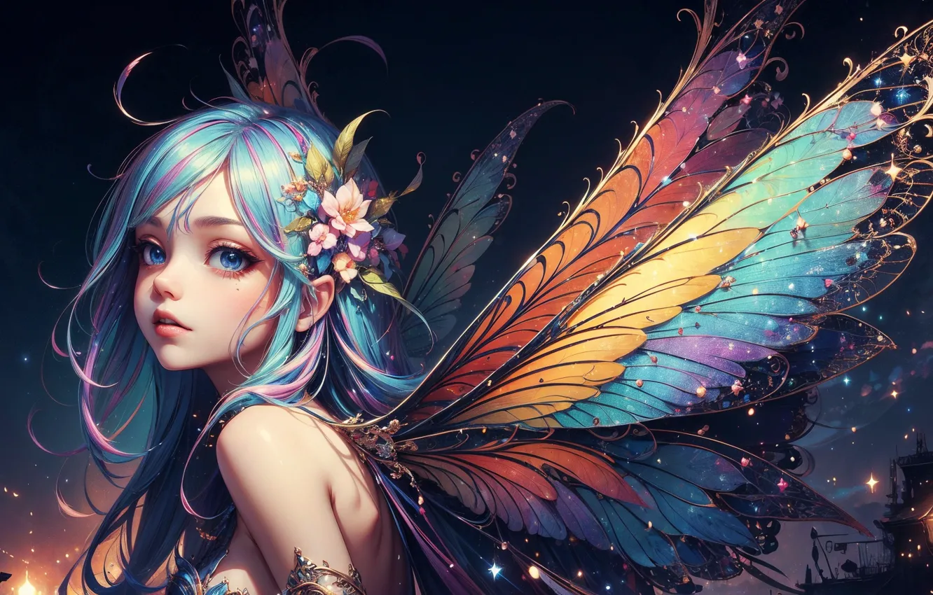 Photo wallpaper colorful, wings, blue hair, AI Art