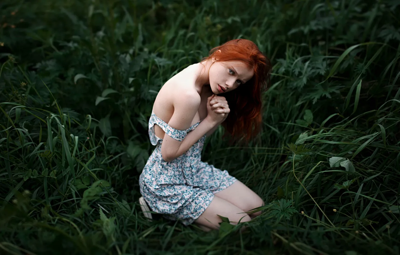Photo wallpaper grass, freckles, the beauty, redhead, shoulder, helplessness, George Chernyadev, Defencelessness