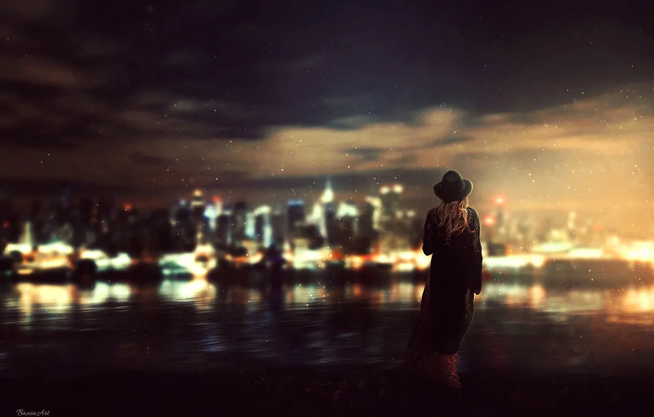 Photo wallpaper water, girl, night, the city