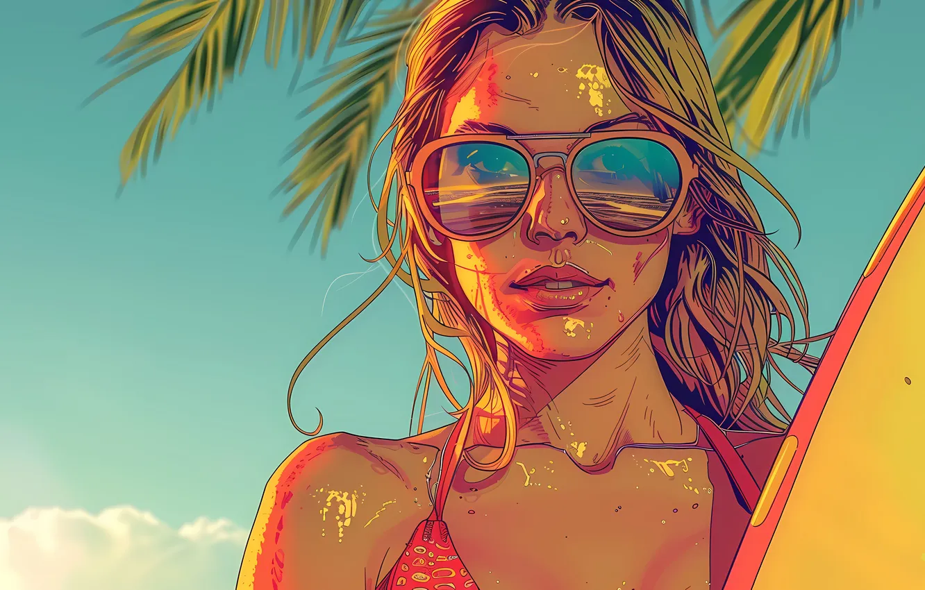 Photo wallpaper girl, style, retro, glasses, Hawaii, closeup, digital art, surfboard
