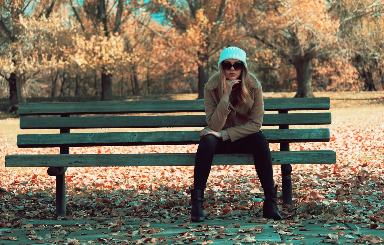 Photo wallpaper autumn, girl, bench, glasses, sitting
