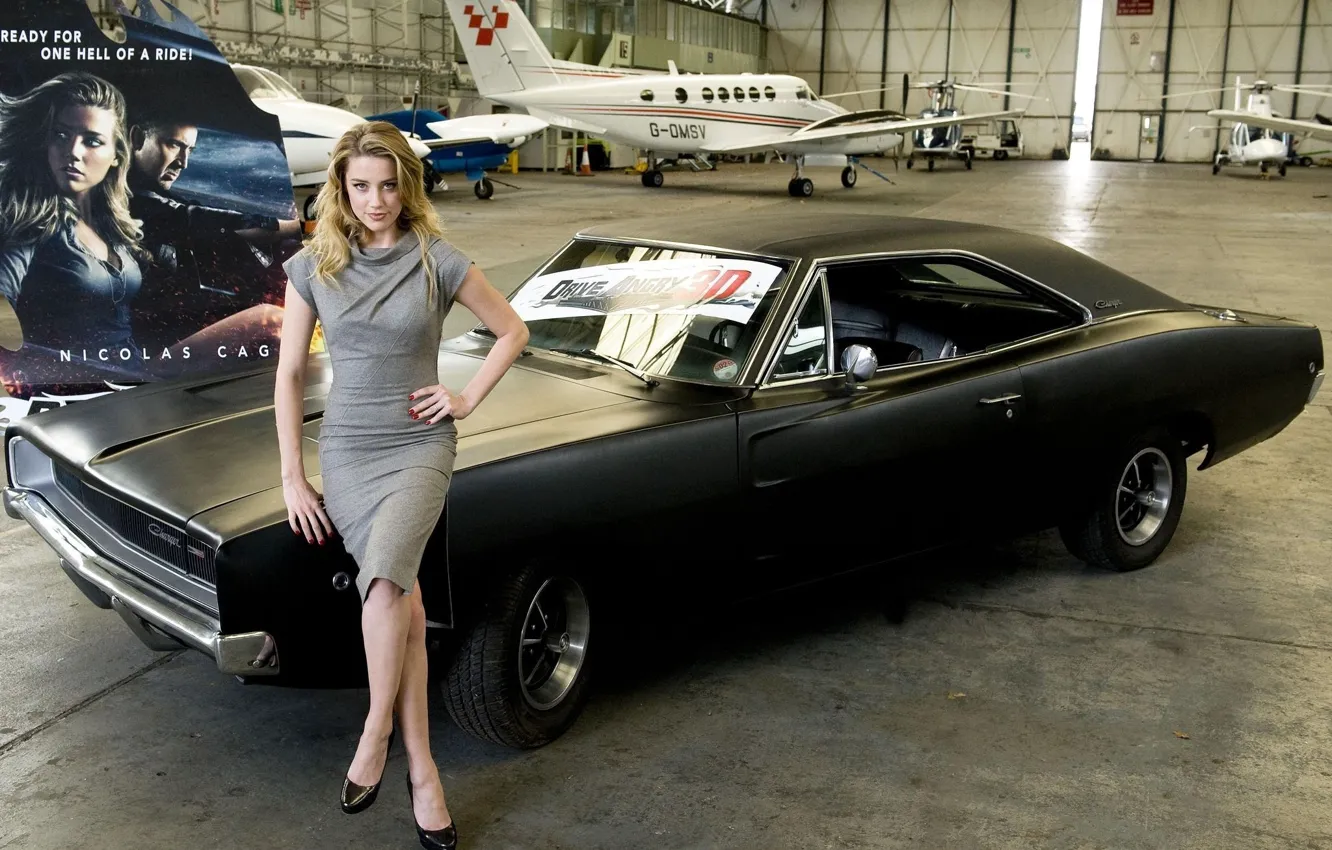 Photo wallpaper girl, actress, helicopter, the plane, Amber Heard, Amber Heard, black car, poster