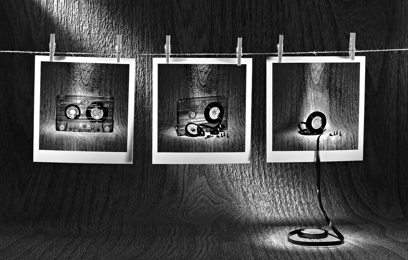 Photo wallpaper photo, film, clothespins, cassette