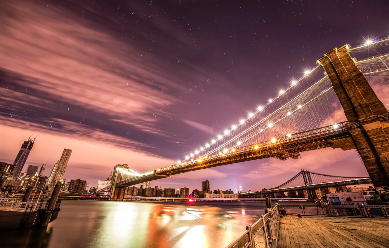 Photo wallpaper the sky, clouds, light, night, bridge, the city, lights, shore