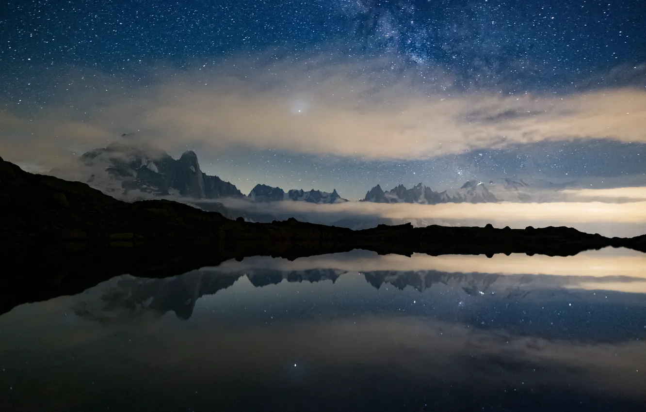 Photo wallpaper clouds, snow, mountains, night, fog, lake, reflection, shore