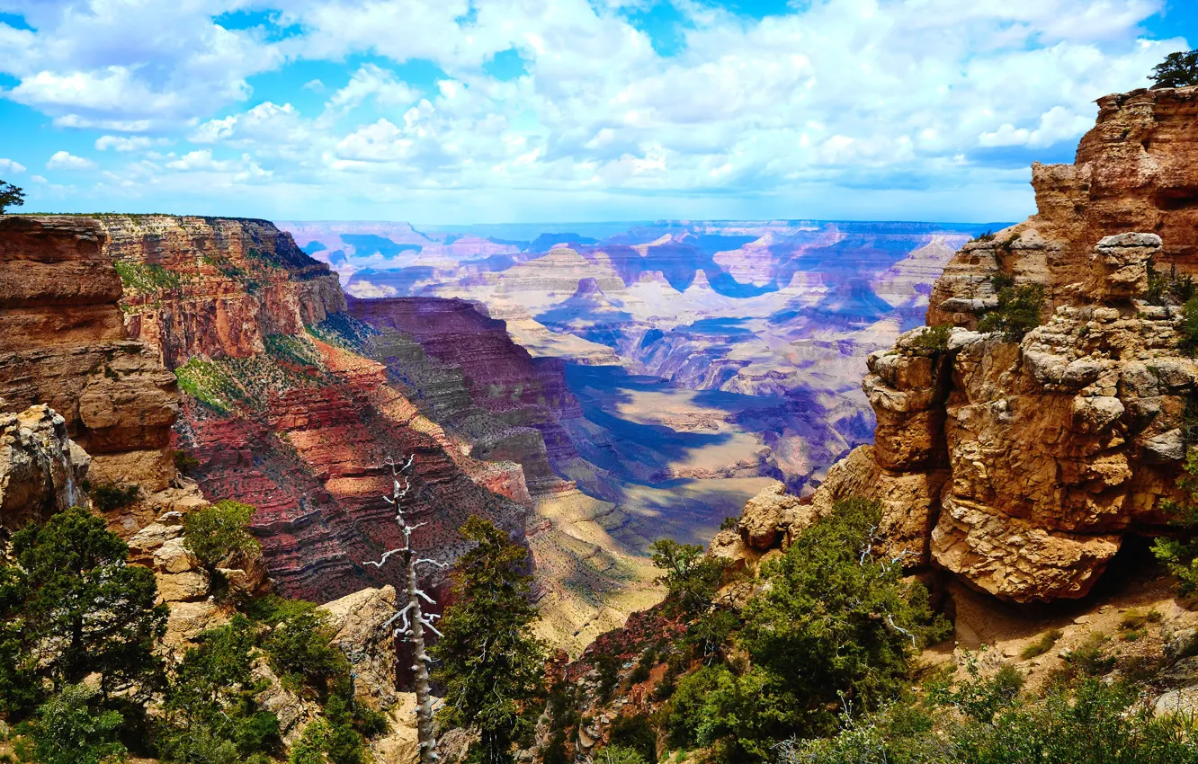 Photo wallpaper the sky, clouds, light, mountains, blue, stones, rocks, vegetation