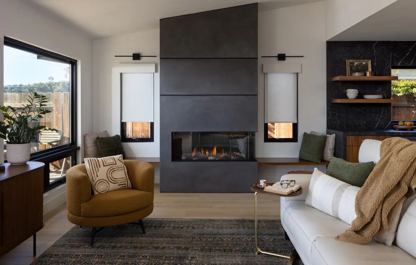 Photo wallpaper design, style, home, interior, kitchen, fireplace, living room, upholstered furniture