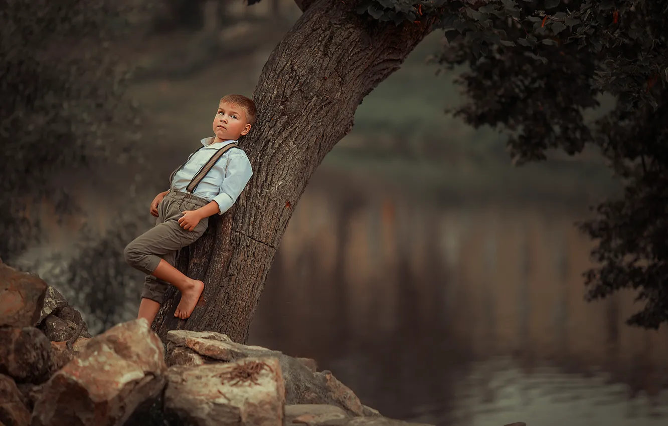 Photo wallpaper landscape, nature, pose, stones, tree, barefoot, boy, child