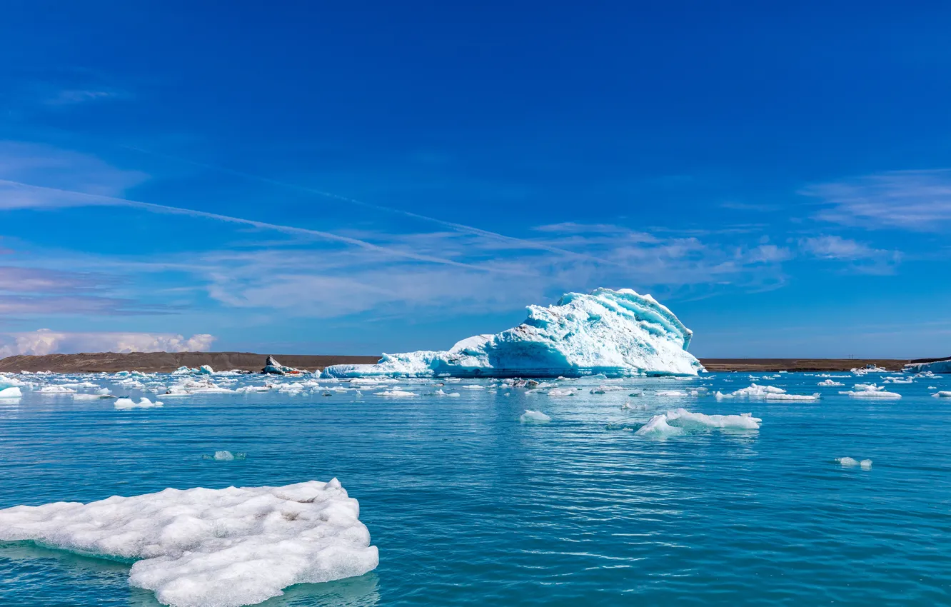 Photo wallpaper ice, the sky, the sun, river, shore, Iceland, Auster-Skaftafellssysla
