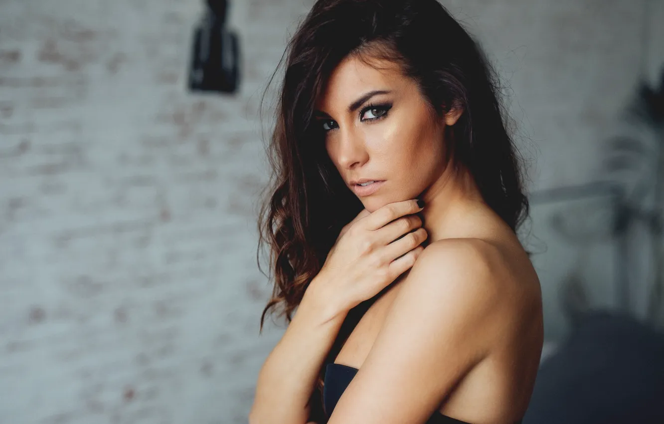 Photo wallpaper look, girl, portrait, makeup, brunette, hairstyle, beauty, bokeh