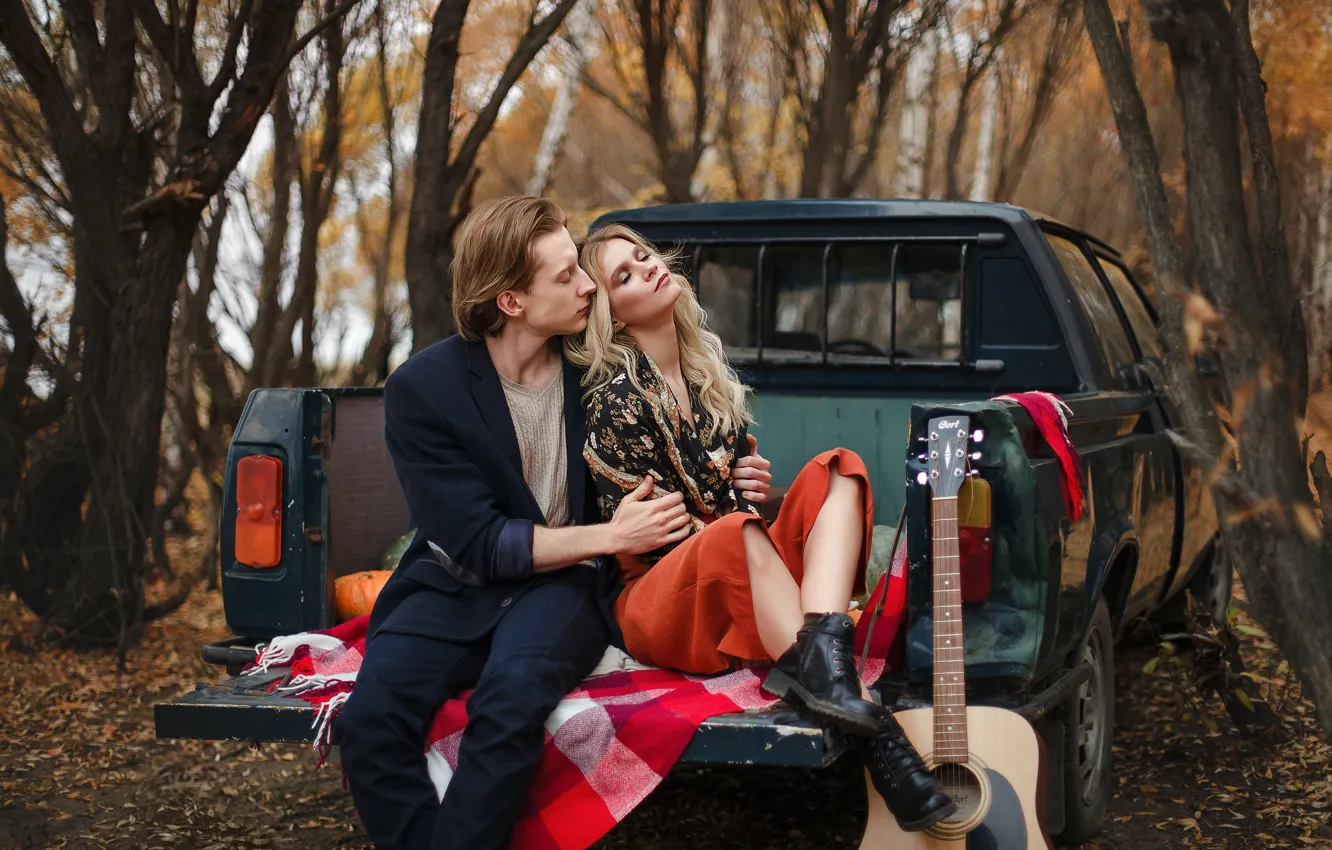 Photo wallpaper machine, autumn, girl, trees, mood, guitar, shoes, Truck
