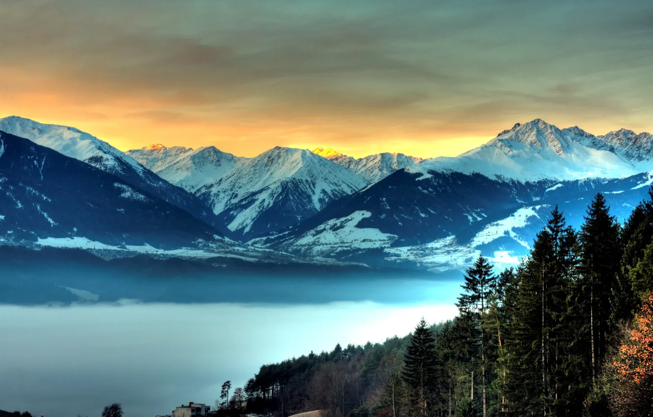 Photo wallpaper the sky, mountains, Forest