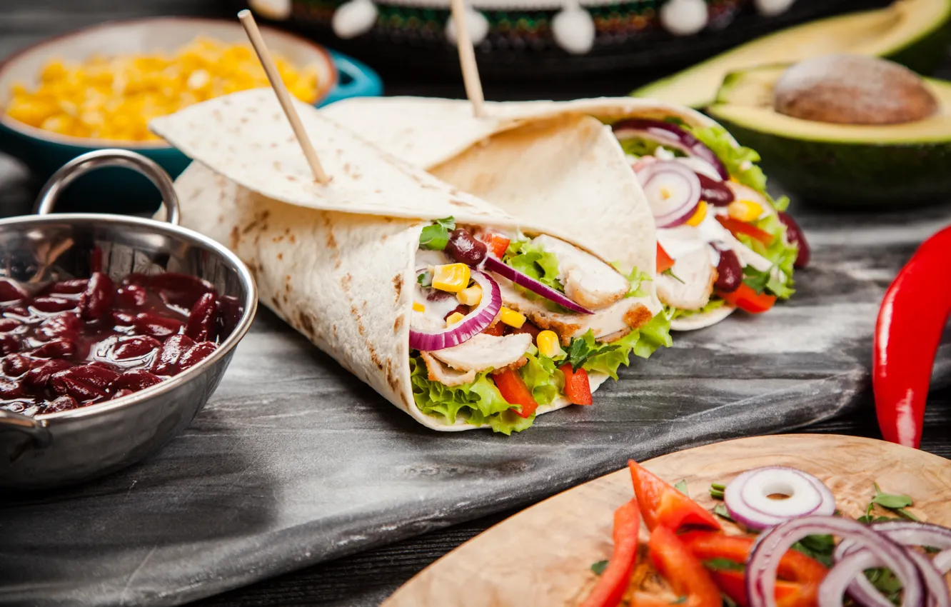 Photo wallpaper bow, meat, vegetables, food, Mexican, pita, pellet, tortillla