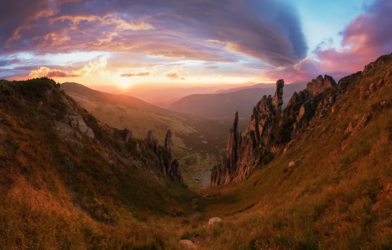 Photo wallpaper desert, sunset, mountains, rocks