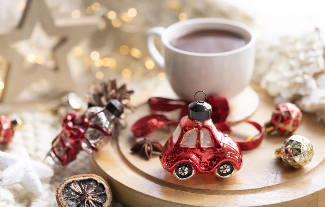 Photo wallpaper balls, toy, new year, Christmas, mug, drink, machine, bokeh