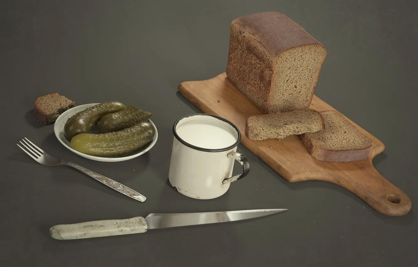 Photo wallpaper Milk, Bread, Relaxing set, Pickled cucumber