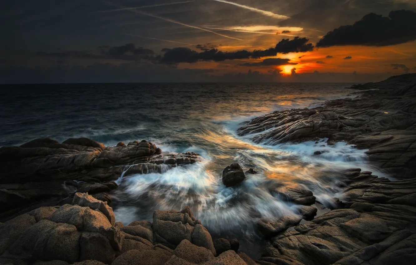 Photo wallpaper wave, stones, dawn, shore