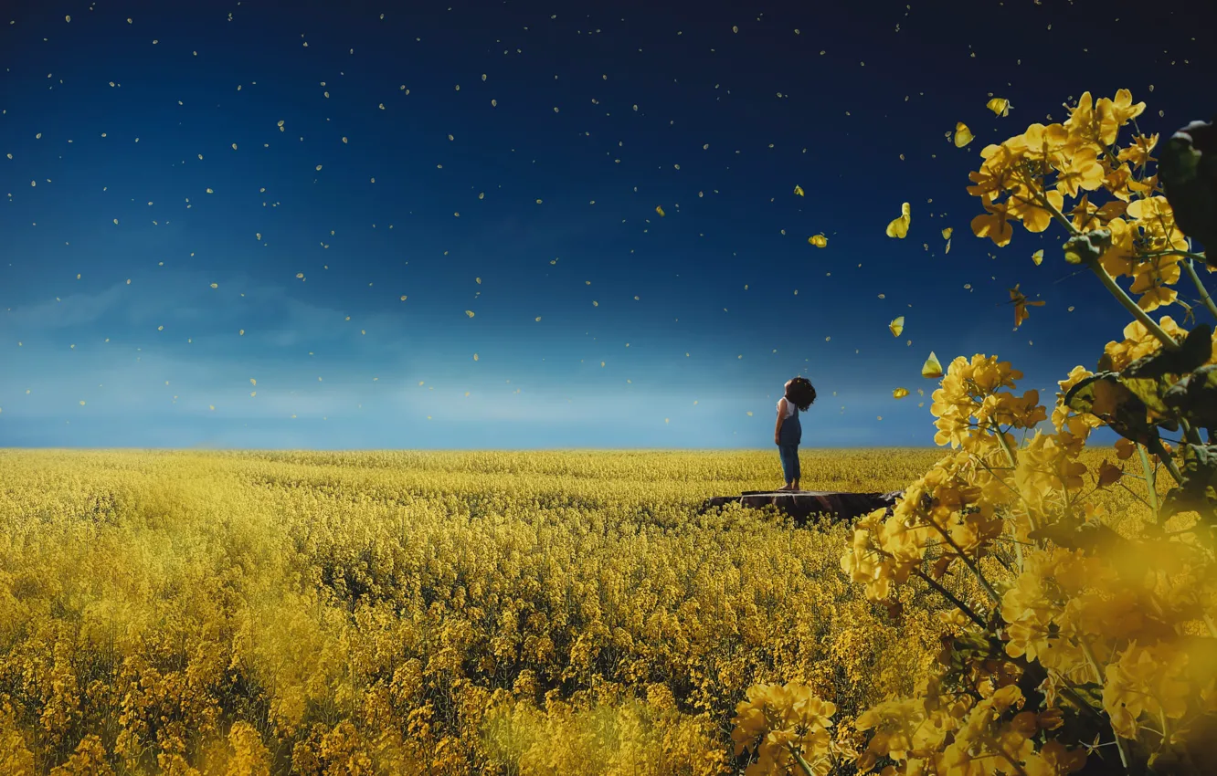 Photo wallpaper field, the sky, dream, clouds, flowers, yellow, children, pose