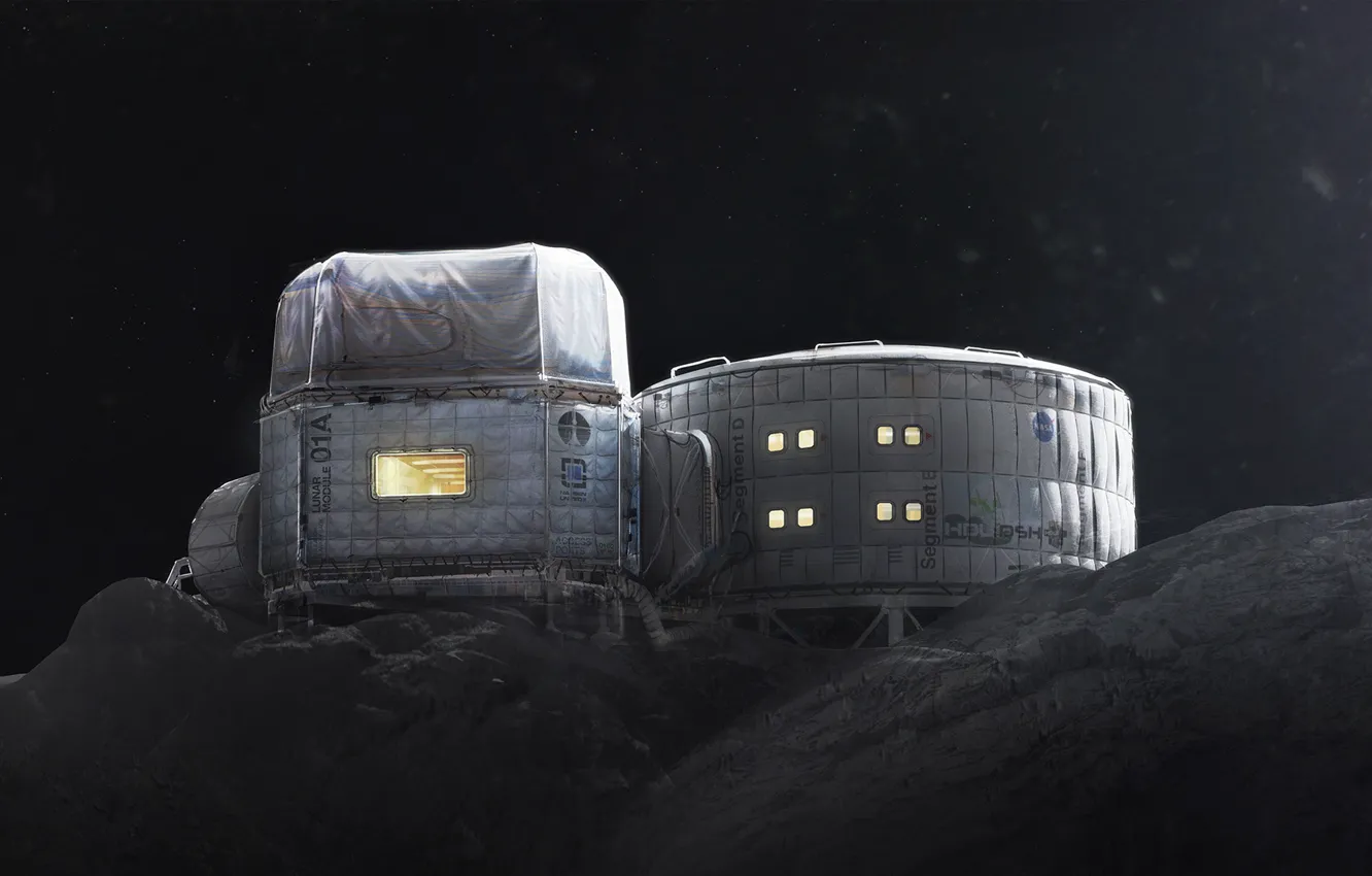 Photo wallpaper hills, stars, station, base, Twardowskys Moon habitat back