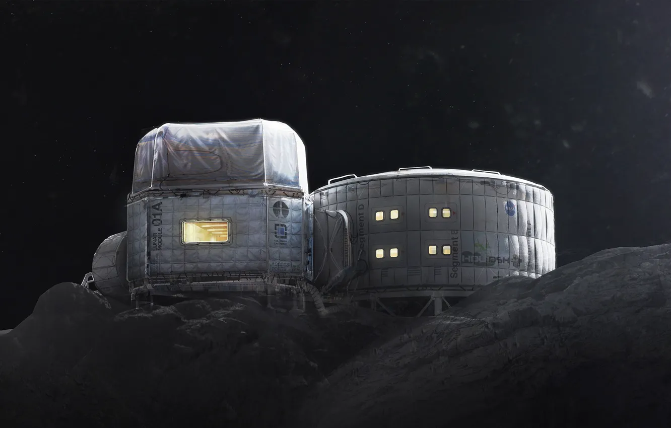 Photo wallpaper stars, hills, station, base, Twardowskys Moon habitat back