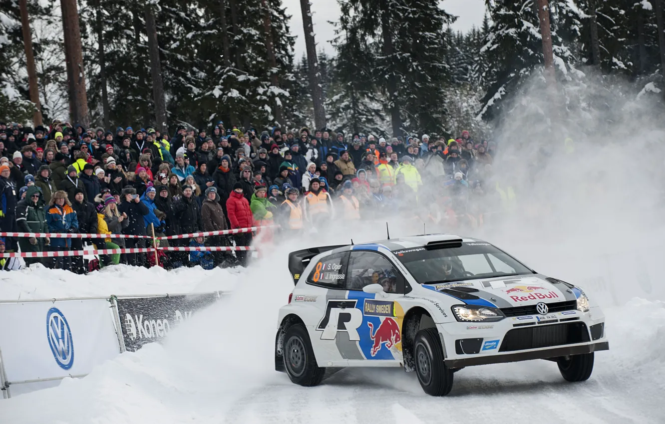 Photo wallpaper Winter, Snow, Forest, Volkswagen, People, WRC, Rally, Rally