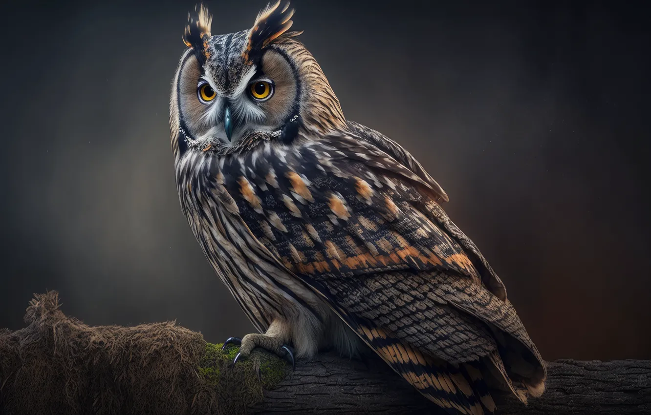 Wallpaper look, the dark background, owl, AI art, owl, log, moss, bird ...