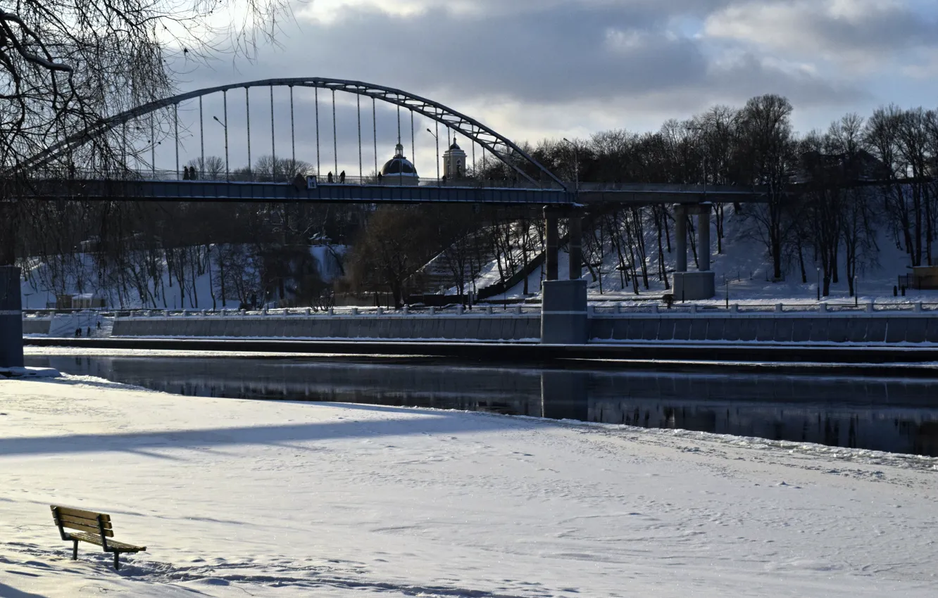 Photo wallpaper winter, snow, trees, bridge, the city, reflection, river