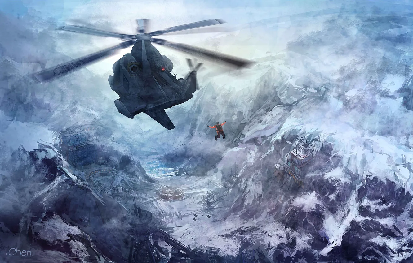 Photo wallpaper snow, flight, mountains, people, art, base, helicopter, Richard Chen