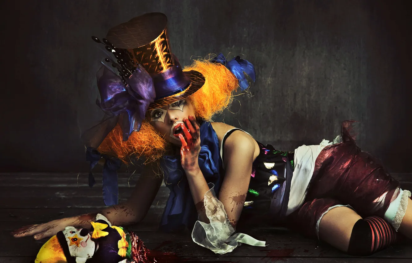 Photo wallpaper look, girl, blood, hat, doll, tape, bow, coloring