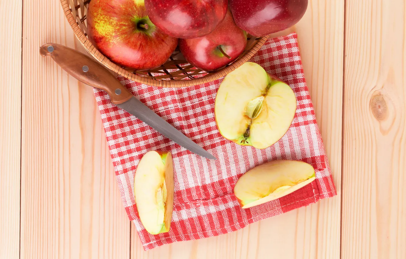 Photo wallpaper knife, fruit, slices, napkin, red apples
