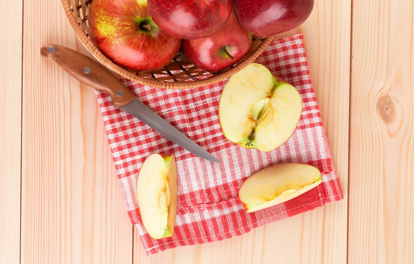 Photo wallpaper fruit, knife, slices, napkin, red apples