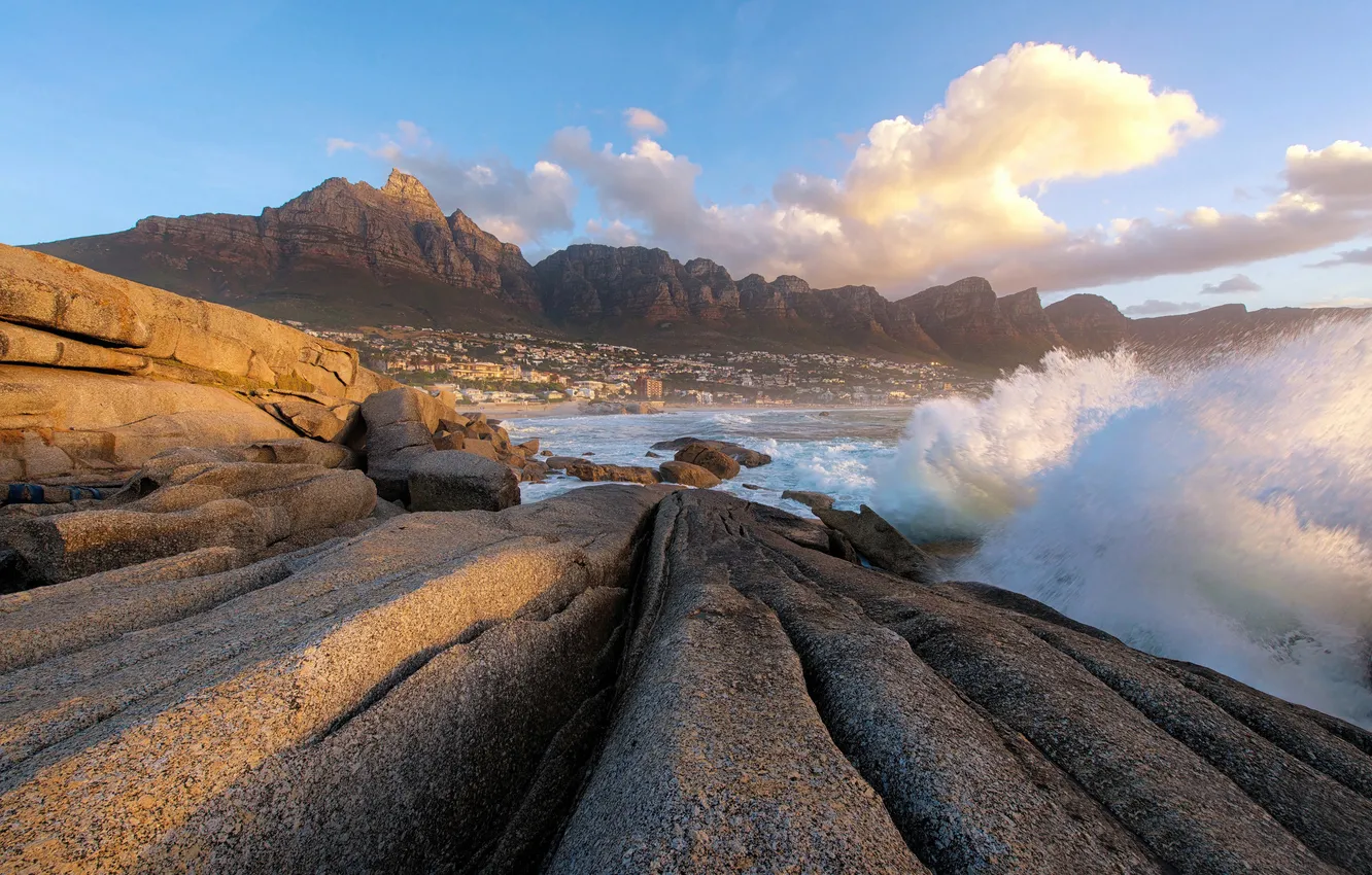 Photo wallpaper sea, wave, squirt, stones, rocks