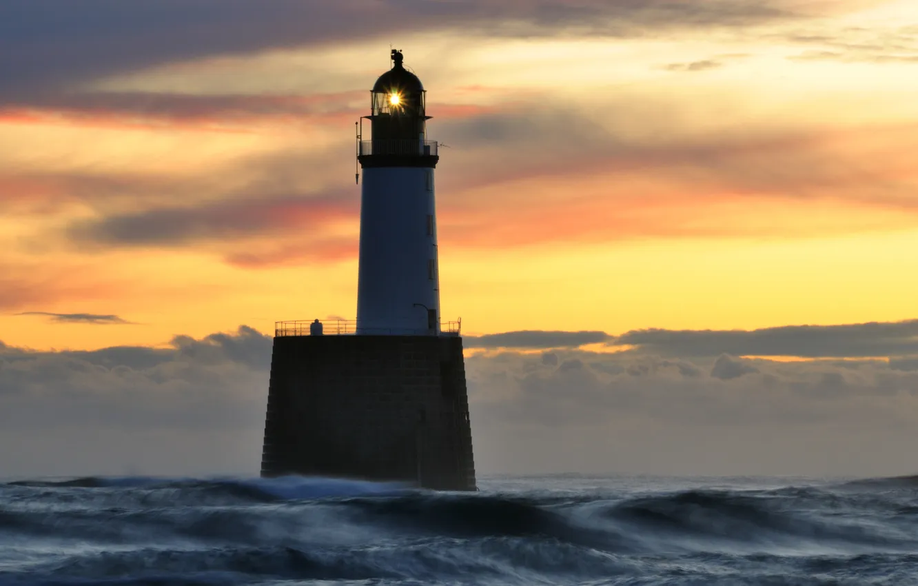 Photo wallpaper sea, wave, the sky, sunset, lighthouse