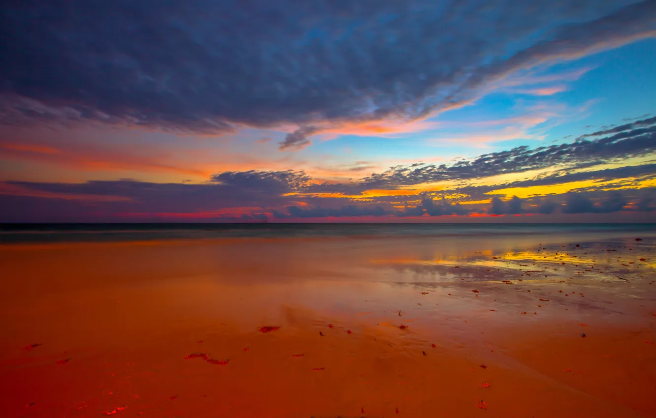 Photo wallpaper sea, the sky, clouds, sunset, shore, tide, glow