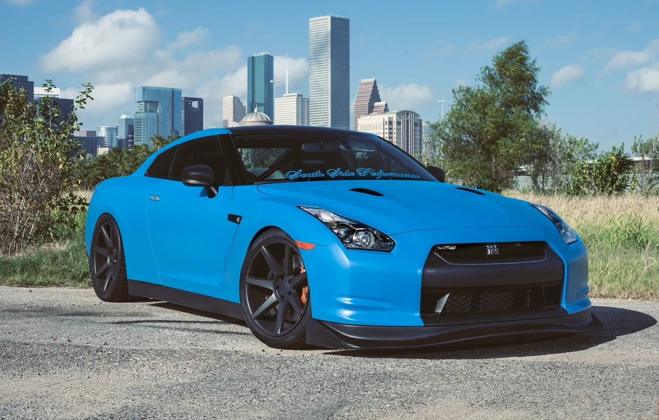 Photo wallpaper the sky, clouds, blue, shadow, GTR, Nissan, front view, sky