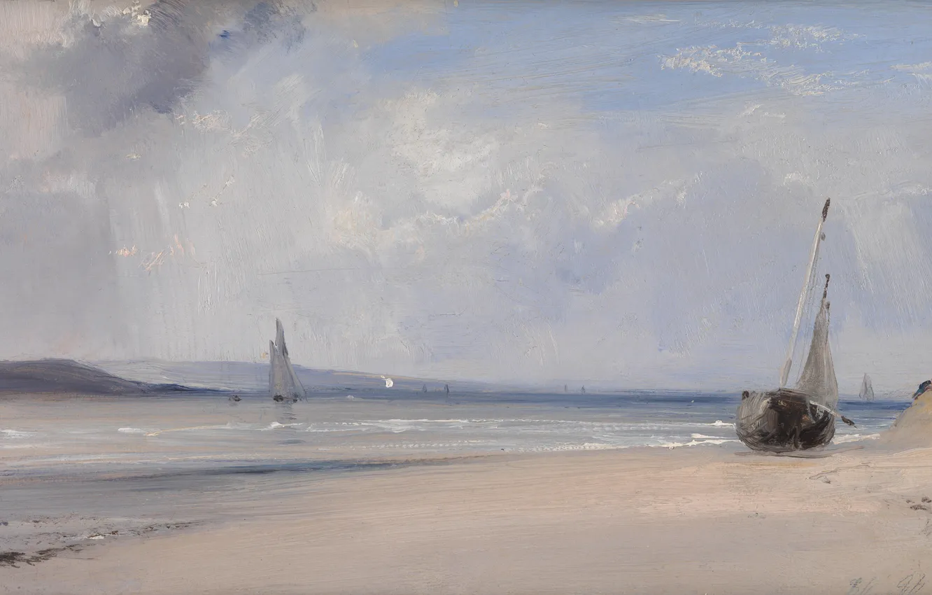 Photo wallpaper sand, sea, the sky, clouds, shore, boat, picture, tide