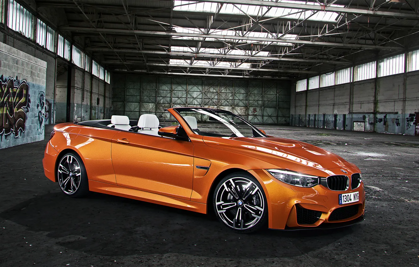 Photo wallpaper BMW, Orange, Car, Front, Graffiti, Cabrio, Hangar